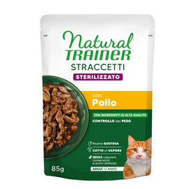 NATURAL TRAINER WET CAT STRACCETTI STERILIZED CHICKEN 85 G - visavertis maistas suaugusiems sterilizuotiems katėms, vištienos gabaliukai garstyčioje.