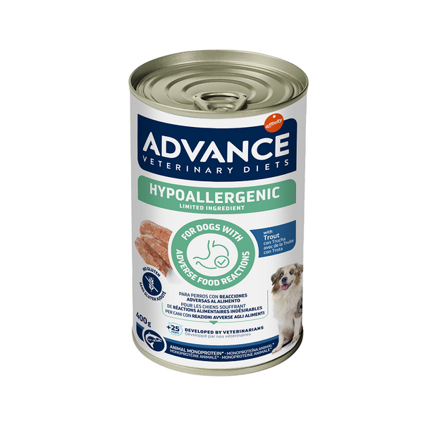ADVANCE VETERINARY DIET DOG HYPOALLERGENIC TROUT 400G - KONSERVAI ŠUNIMS, TURINTIEMS MAISTO NETOLERAVIMĄ IR ALERGIJŲ