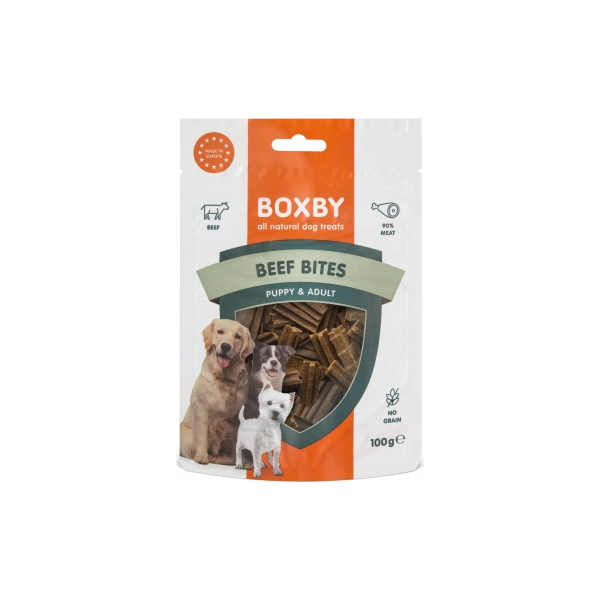 Boxby Beef Bites 100g - papildoma mityba suaugusiems šunims, jautienos gabalėliai. Puikiai tinka šuns mokymui ir apdovanojimui.