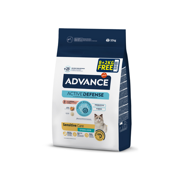 ADVANCE CAT STERILIZED SENSITIVE CARE LAŠAS 8+2kg - pilnavertė sausa pašarą suaugusiems sterilizuotiems katėms nuo 1 iki 10 metų, su jautria virškinimo sistema. Su lašiša.