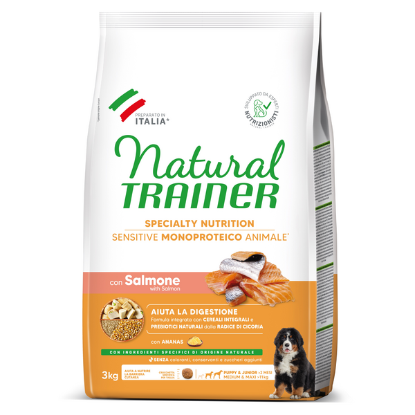 NATURAL TRAINERT DOG SENSITIVE NO GLUTEN PUPPY&JUNIOR MEDIUM/MAXI SALMON 3KG - pilnas vertės ir subalansuotas maistas vidutinio ir didelio dydžio šuniukams
