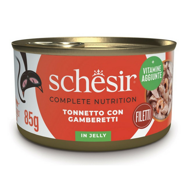 Schesir Cat Tuna with Shrimps in Jelly 85g - pilnvērtīgā barība - tuncis un garneles želejā