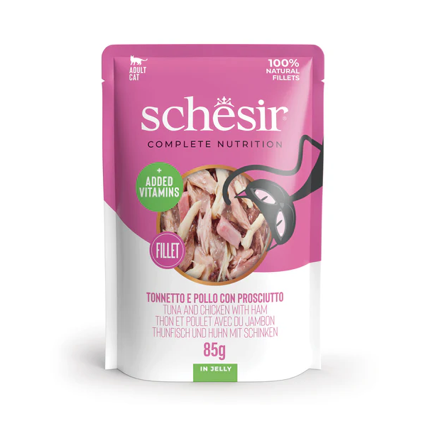 Schesir Cat Tuna and Chicken with Ham 85g - tunecis, vištienos filė ir kumpis želėje