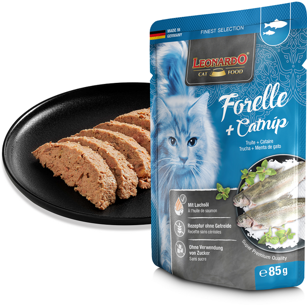 LEONARDO konservai katėms su upėtakiu ir katžole 85 g
