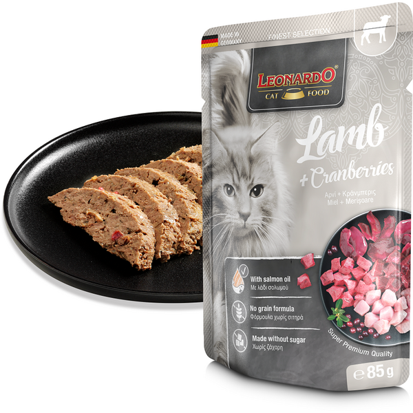 LEONARDO konservai katėms su ėriena ir spanguolėmis 85 g