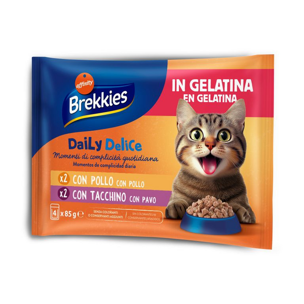 Brekkies Daily Delice Wet Cat Jelly Adult Chicken&Turkey 4x85 gr - konservu želė suaugusiems katėms, su vištienos arba kalakutienos mėsa.
