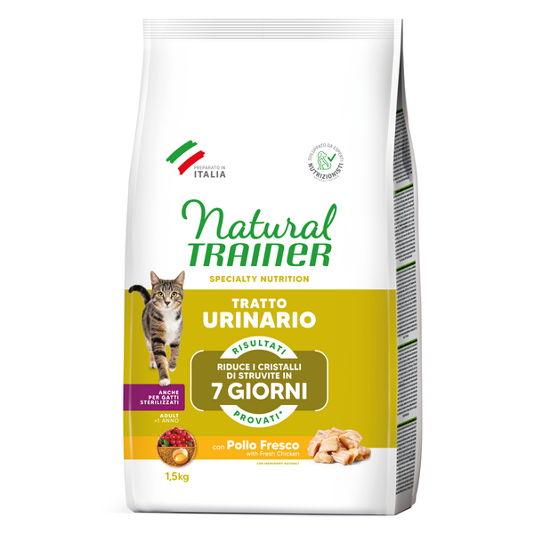 NATURAL TRAINER CAT SPECIAL NUTRITION URINARY WITH CHICKEN 1.5 KG - pilnavertė dietinė maisto kačių, su savybėmis, skirta sumažinti struvito akmenų atsiradimą.