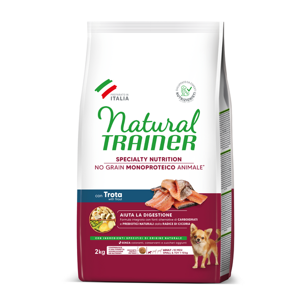 NATURAL TRAINER DOG NO GRAIN MONOPROTEICO ANIMALE ADULT SMALL&TOY TROUT 2 KG - pilnaverčia monoproteino pašara suaugusiems mažų dydžių šunims (1-10kg) nuo 10 mėnesių amžiaus. Su upėtakiu.