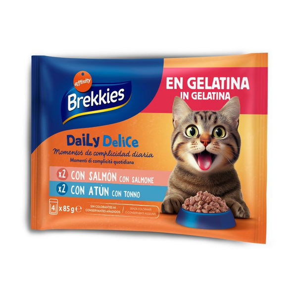 Brekkies Daily Delice Wet Jelly Adult Salmon & Tuna 4x85 gr - konservai želėje suaugusiems katėms, su lašiša ar tunu