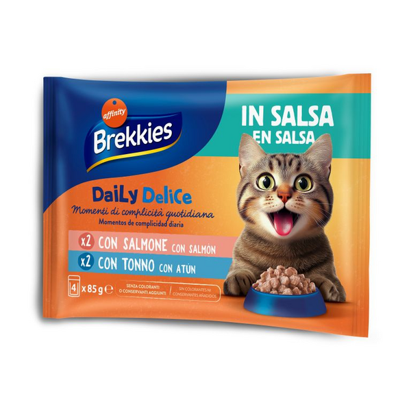 Brekkies Daily Delice Wet Cat Adult Salmon & Tuna 4x85 gr - konservai suaugusiems katėms, su lašiša ar tunu.