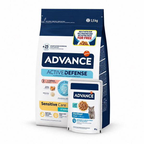 Adv cat adult sterilizuotas jautrios 1,5kg + 2 WETSTZ COD - visiškai džiovinta ir drėgna maisto sterilizuotiems suaugusiems katėms nuo 1 iki 10 metų, su jautria virškinimo sistema. Su lašiša.