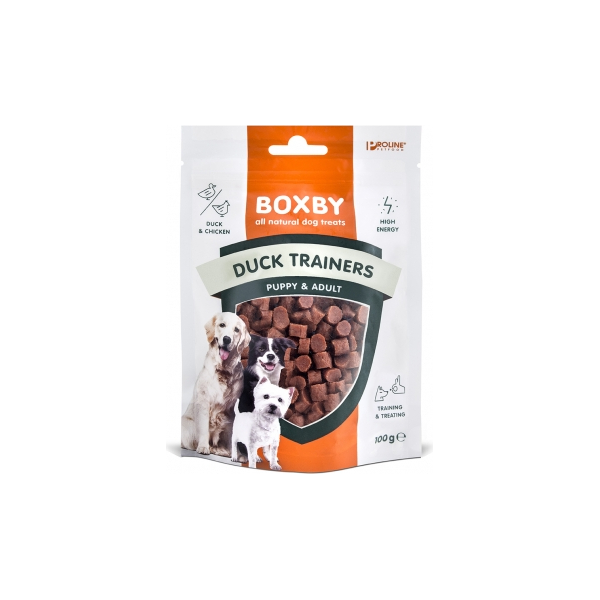 BOXBY DUCK TRAINERS 100g - papildbarība kucēniem un pieaugušiem suņiem, gabaliņi ar pīles gaļu.