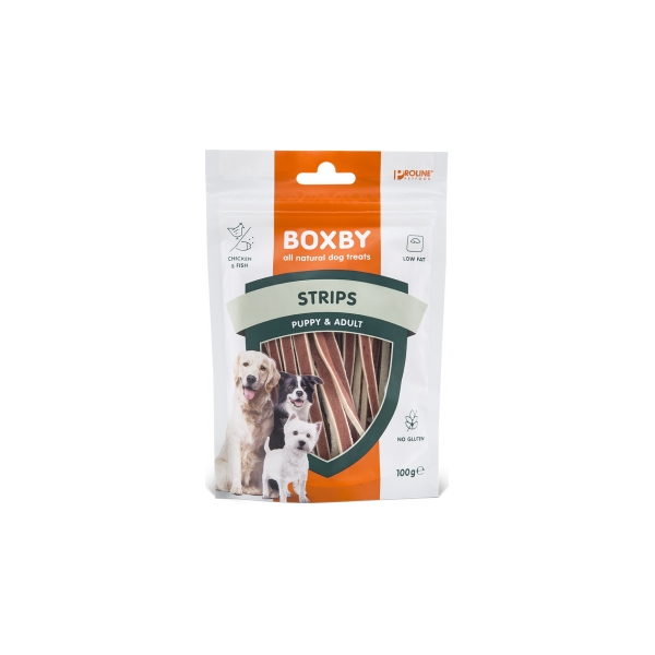 BOXBY STRIPS FOR DOGS 100G - papildbarība kucēniem no 3 mēn. un pieaugušiem suņiem, vistas gaļu un zivīm.
