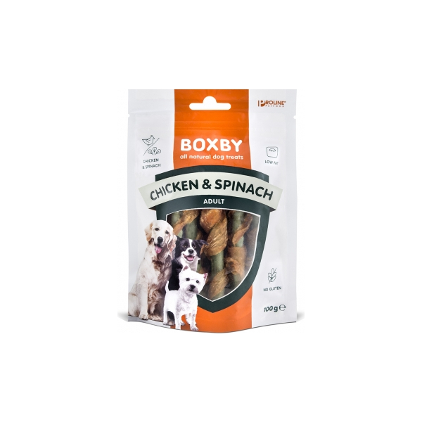 BOXBY CHICKEN & SPINACH STICKS 100G - papildbarība pieaugušiem suņiem, ar vistas gaļu un spinātiem.