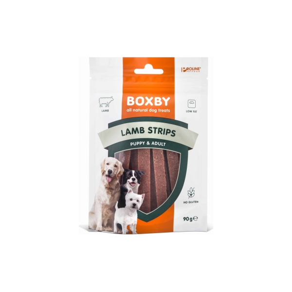 BOXBY LAMB STRIPS FOR DOGS 90G - papildbarība kucēniem un pieaugušiem suņiem, gabaliņi ar jēra gaļu.