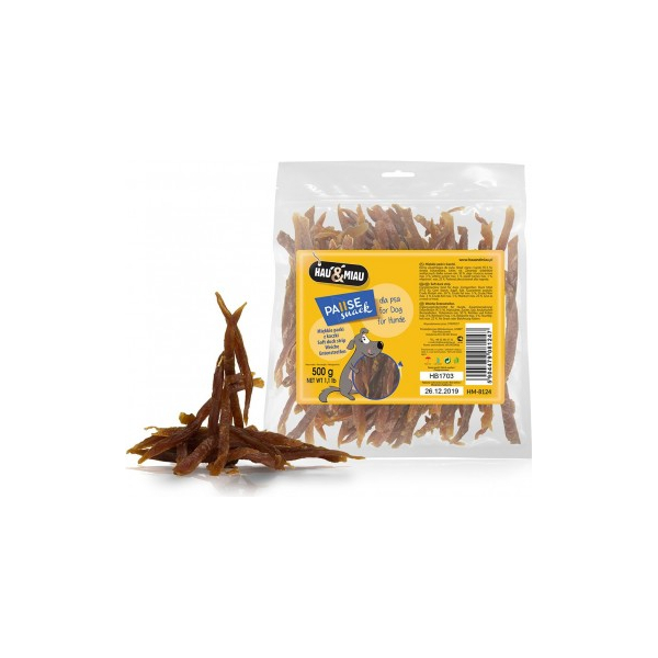 HAU & MIAU minkšti anties juostelių gabaliukai, 500 g - papildomas maistas šunims, džiovintos pilies mėsos strimeliai