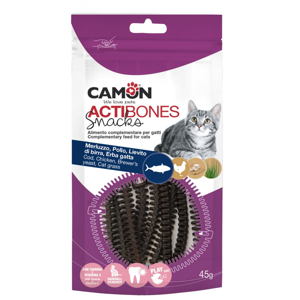 CAMON Actibones 45g - papildomas maistas suaugusiems katinams, skanumas su menčių, lašišos ir katinų mišinys