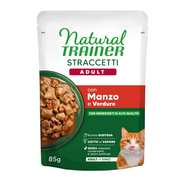 NATURAL TRAINER WET CAT ADULT BEEF 85 G - visavertīga barība suaugusiems katėms, jautienos gabaliukai padėti į padažą.