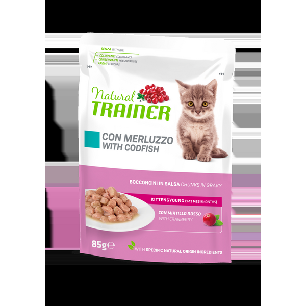 NATURAL TRAINER CAT KITTEN&YOUNG WITH CODFISH 85G - visaverčia konservuota maista KATUKUI (1-6 mėnesiai), su menke.