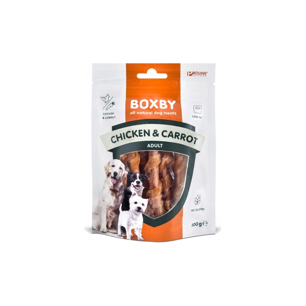 BOXBY CHICKEN & CARROT STICKS 100G - papildbarība pieaugušiem suņiem, ar vistas gaļu un burkāniem.