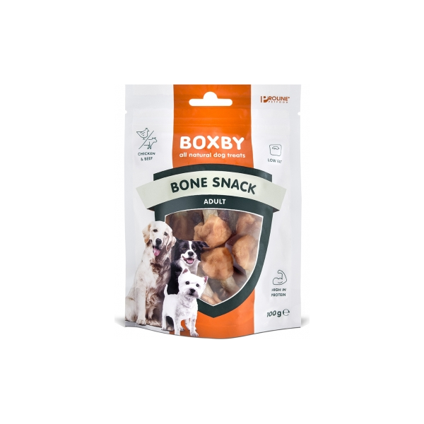 BOXBY BONE SNACK 100g - papildomas maistas pieaugusiems šunims, kauliukai su vištienos mėsos hantelėmis kiekvienoje pusėje.