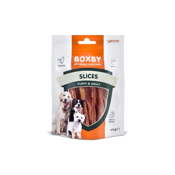 BOXBY SLICES FOR DOGS 100G - papildus barība pieaugušiem suņiem, no vistas gaļas.