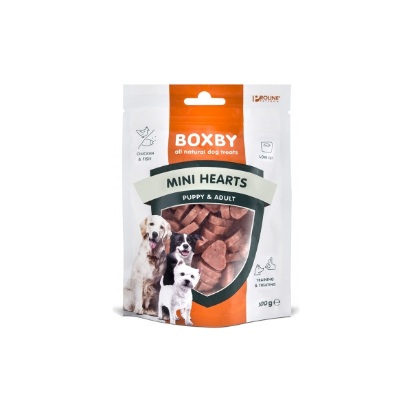 BOXBY PUPPY SNACKS MINI HEARTS 100G - papildus barība  kucēniem un pieauguš. suņiem, sirsniņas ar vistas gaļu un zivīm.