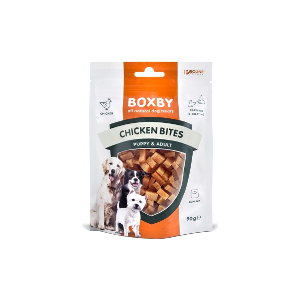 BOXBY CHICKEN BITES 90g - дополнительный корм для собак от 9 месяцев, кусочки курицы.