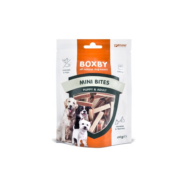 BOXBY CHICKEN MINI BITES PUPPY&ADULT 100G - дополнительный корм для щенков от 3 мес. и взрослых собак. С курицей и рыбой.