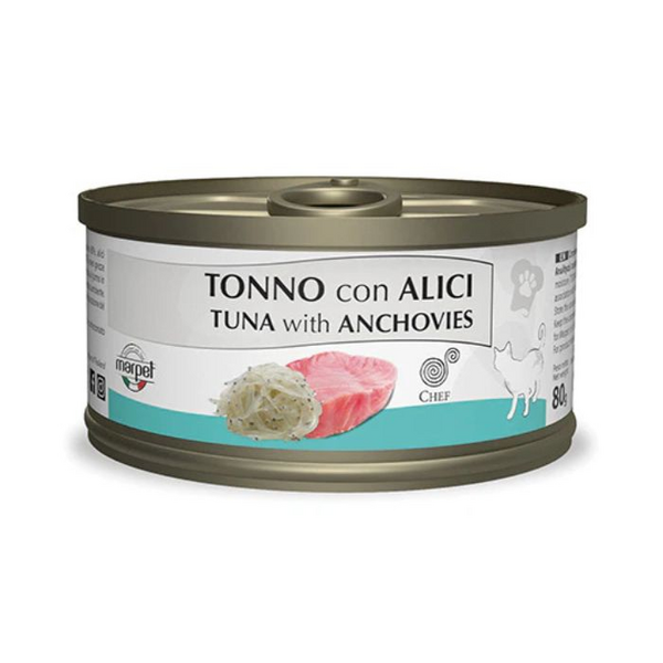 Šefas 80gr Katės tunas su ančiuviais - konservai suaugusiems katinams, su tunu ir ančiuviais.