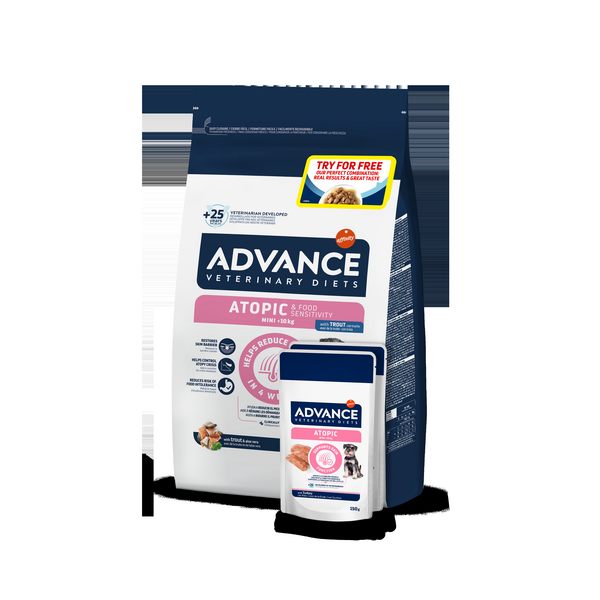 ADVANCE VETERINARY DIET DOG ATOPIC MINI TROUT 1.5 kg + WET - DIETINĖ MAISTAS MAŽŲ VEISLIŲ ŠUNIMS SU ATOPINI DERMATITU. SU FORELE.