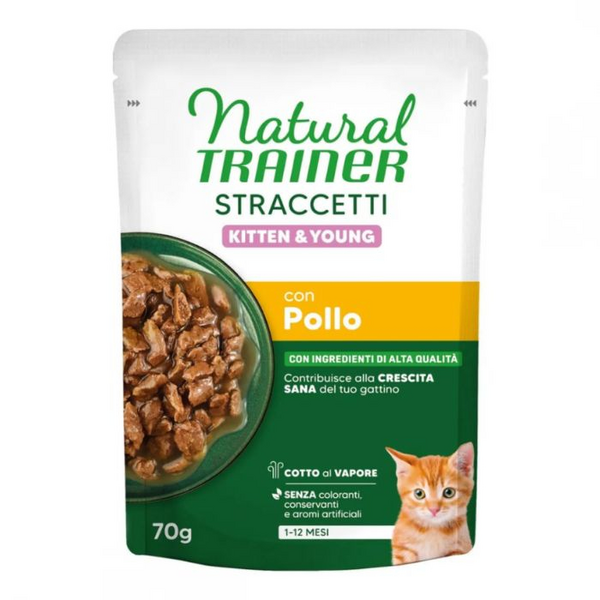 NATURAL TRAINER WET CAT STRACCETTI KITTEN CHICKEN 70 G - subalansuota šėrimas katinėliams nuo 1 iki 12 mėnesių amžiaus. Vistienos gabaliukai paskendinti sultenyse.
