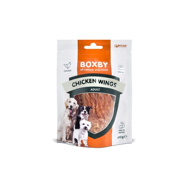 BOXBY CHICKEN WINGS 100g - дополнительный корм для взрослых собак, сушеные кусочки курицы.