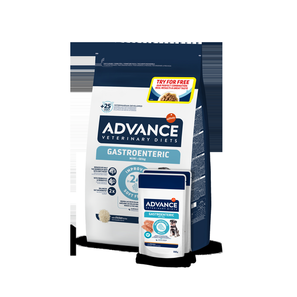 ADVANCE VETERINARY DIET DOG GASTROENTERIC MINI 1.5KG + WET - DIETINIS MAISTAS ŠUNIMS NUO 14 SAV. IR MAŽŲ VEISLIŲ ŠUNIMS