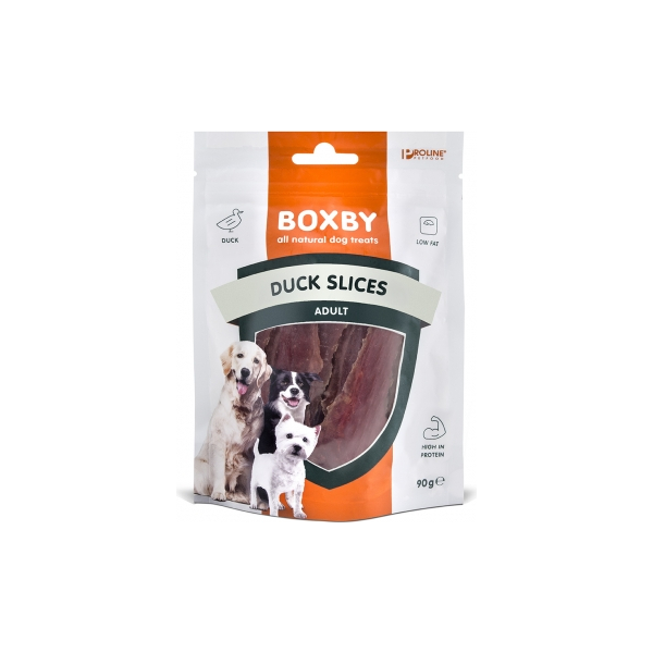 BOXBY  DUCK SLICES for DOGS 90g — дополнительный корм для взрослых собак, кусочки с утиным мясом.