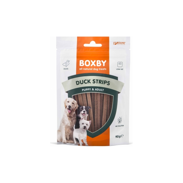 BOXBY DUCK STRIPS FOR DOGS 90G - papildbarība kucēniem un pieaugušiem suņiem, ar pīles gaļu.